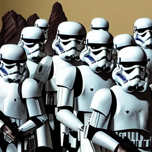 Image similar to a caravaggio artwork film still of star wars storm troopers, artwork by caravaggio