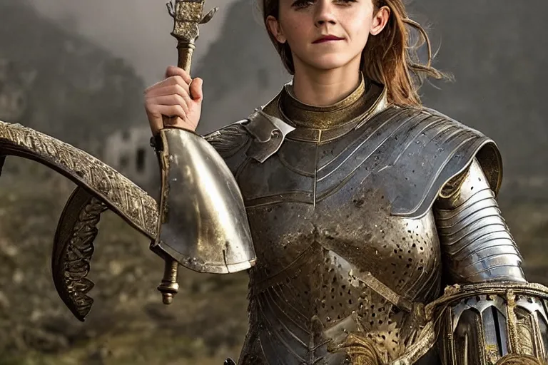 Prompt: promotional image of Emma Watson as Joan of Arc in the new movie directed by Ridley Scott, full suit of gilded plate armor, castle in the background, detailed face, movie still, promotional image, imax 70 mm footage