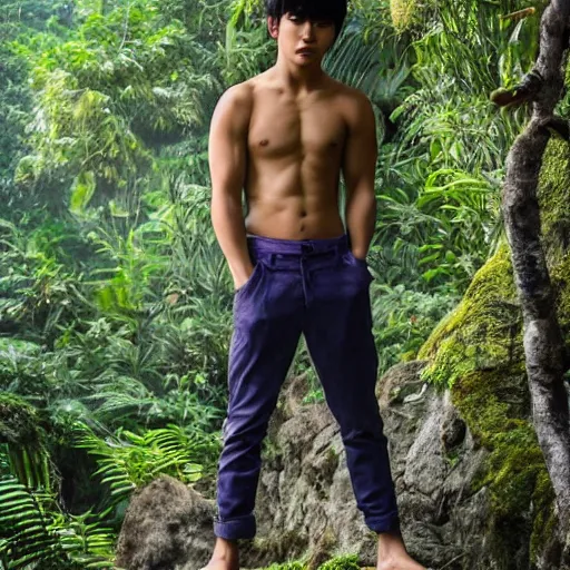 Image similar to head to toe photo, jungle book mowgli who is a 2 0 year old korean with large muscles and with long unkempt and slightly curly hair, holding a torch in one hand and an iphone in the other hand, standing in the jungles of jeju island