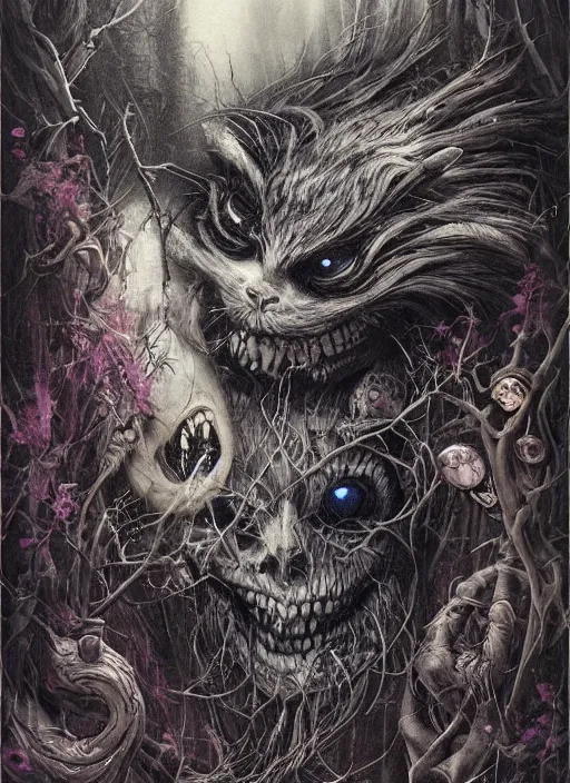 Image similar to Cheshire Cat choping wood,Death Tarot card,highly detailed,half skull face,cinematic,8k,by Stanley Artgermm,Tom Bagshaw,Greg Rutkowski,Carne Griffiths, Ayami Kojima, Beksinski, Giger,trending on DeviantArt,hyper detailed,horror, full of colour