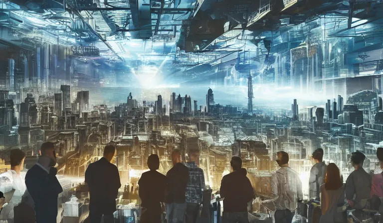 Image similar to big group of people in simple warehouse, looking at hologram of futuristic city on a table, cinematic concept art, godrays, golden hour, natural sunlight, 4 k, clear details, tabletop model buildings, center model buildings, hologram center, crane shot, crane shot, crane shot