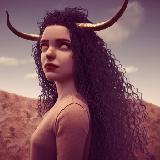 Image similar to a profile of girl with long curly hair and big horns, octane render, 4 k, 8 k, behance hd