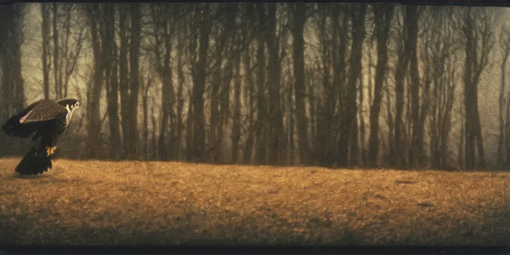 Image similar to detailed medium format photo, polaroid still from tarkovsky movie, a falcon escapes the falconer, haze, high production value, intricate details, 8 k resolution, hyperrealistic, hdr, photorealistic, high definition, tehnicolor, award - winning photography, masterpiece, amazing colors