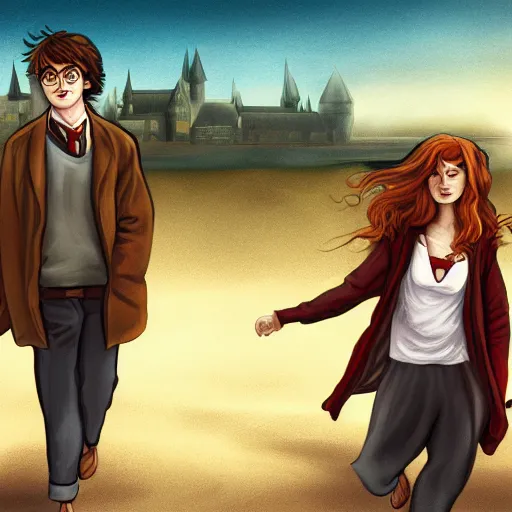 Prompt: Harry Potter Ron and hermione at the beach, digital art, trending on artstation