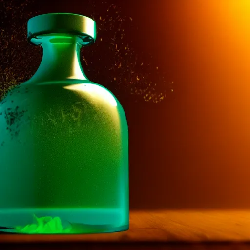 Prompt: hyper-realistic photo of a green absinthe bottle surrounded by blue smoke swirling around, unreal engine, cinematic, hyper-realistic, DOF