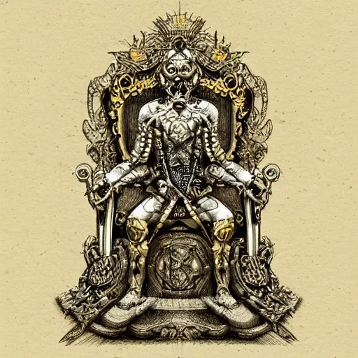 Image similar to pencil illustration. the emperor on his golden throne. 4 0 k. body horror.