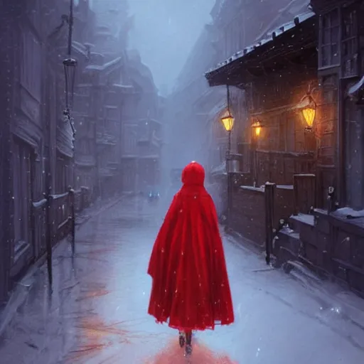 Image similar to girl in red cloak walks through snowy town by lamplight, detailed intricate ink illustration, dark atmosphere, detailed illustration, hd, 4k, digital art, overdetailed art, concept art, by greg rutkowski, by loish, complementing colors, Trending on artstation, deviantart