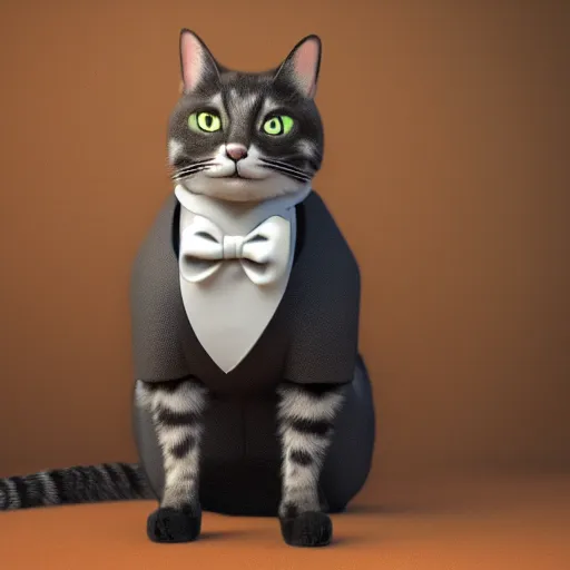 Image similar to photorealistic portrait of a cat with suit and bow tie, 8k, octane render, unreal engine 5, detailed