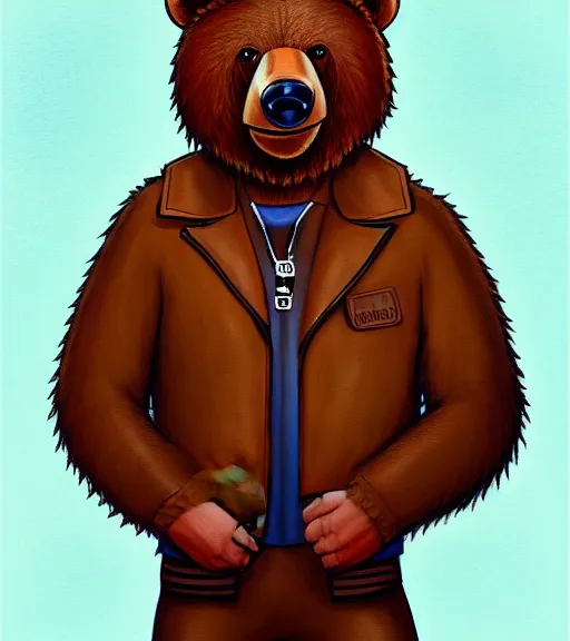 Prompt: expressive stylized master furry artist digital colored pencil painting full body portrait character study of the kamchatka brown bear small head fursona animal person wearing clothes leather bomber jacket aviator sunglasses pilot standing next to airplane by master furry artist blotch, sharp focus