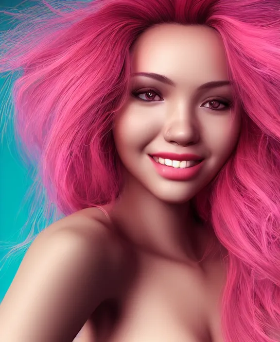 Image similar to ultra realistic portrait of a hot woman, colorful hair, pink lips, gorgeous smile, stunning, hottest, 8K resolution, 3D, Octan render,