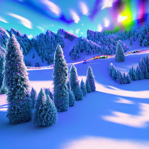 Prompt: : psychedelic ski resort, hyper - realistic, detailed, render by c 4 d octane, unreal engine, 8 k 3 d render ray traceing