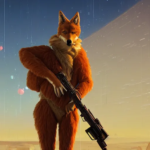 Prompt: A full length anthropomorphic coyote posing with a gun, furry art, rendered by Beeple, by Makoto Shinkai, syd meade, starwars, space art concept, digital art, unreal engine, WLOP, trending on artstation, 4K UHD image, octane render,