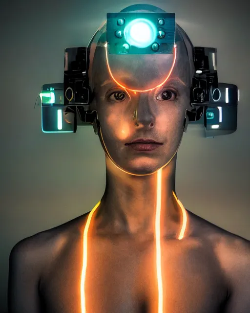 Image similar to portrait photo of soulful female as a solarpunk cyborg with fluorescent lamps over face and neck, robotic implants with real human face with skin, ultra - realistic and detailed, long exposure, soft focus hdr 8 k