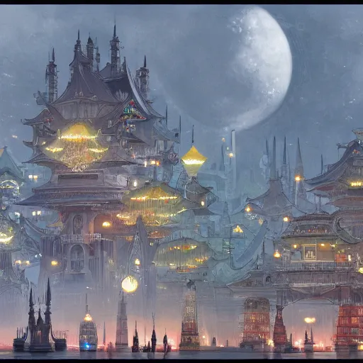 Image similar to a lot of lights, multi layered huge architectures, no people, intricate, Miyazaki Hayao, Ghibli, editor’s pickup, trending on artstation, trending on deviantart, 4K