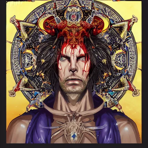 Image similar to 4K headshot portrait of godlike Warlock of Nazareth with defined arms and open hands and bloody clothes with giant mandala wings , intricate face , flawless anime cel animation by Kentaro Miura, psychedelic , highly detailed upper body , professionally post-processed , beautiful, scary, symmetry accurate features, epic, octane rendered, anime masterpiece, accurate by Craig Mullins, ilya kuvshinov, krenz cushart, epic , artgerm trending on artstation by Edward Hopper and Dan Mumford and WLOP and Rutkovsky, beksinski carl spitzweg moebius and tuomas kocar, intricate artwork by caravaggio, Unreal Engine 5, Lumen, Nanite