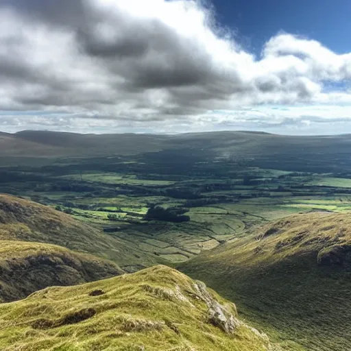 Prompt: view from the top of a scottish mountain towards a lush valley