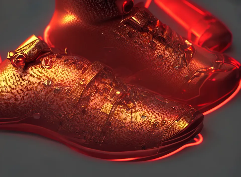 Prompt: realistic 3 d render of a cyberpunk android sneaker, beautiful studio lighting, soft, sharp focus, neon cyberpunk highlights, intricate detail, gold and red metal, soft rubber, textured plastic, octane render, side view, close up, trending on artstation, deviantart, bauhaus