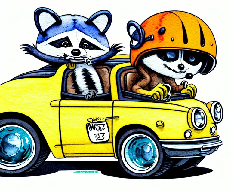 Image similar to cute and funny, racoon wearing a helmet riding in a tiny hot rod with oversized engine, ratfink style by ed roth, centered award winning watercolor pen illustration, isometric illustration by chihiro iwasaki, edited by range murata, tiny details by artgerm and watercolor girl, symmetrically isometrically centered and focused