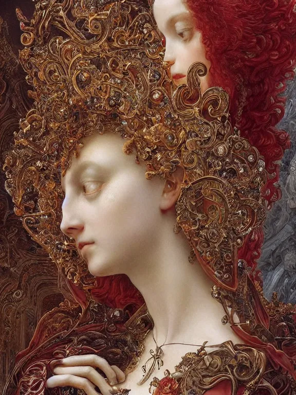 Prompt: a beautiful render of baroque catholic veiled the red queen sculpture with symmetry intricate detailed,crystal-embellished,by Lawrence Alma-Tadema, peter gric,aaron horkey,Billelis,trending on pinterest,hyperreal,jewelry,gold,intricate,maximalist,golden ratio,cinematic lighting