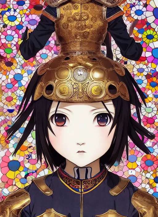 Image similar to takashi murakami, ilya kuvshinov, anime female knight in. ornate armor by, last exile, murata range, fine detail, perfect, dramatic lighting, dynamic composition, art deco, cel shading, vivid, rich texture, alphonse mucha, ( ( ( colorful ) ) ), ( ( ( yoshinari yoh ) ) ),