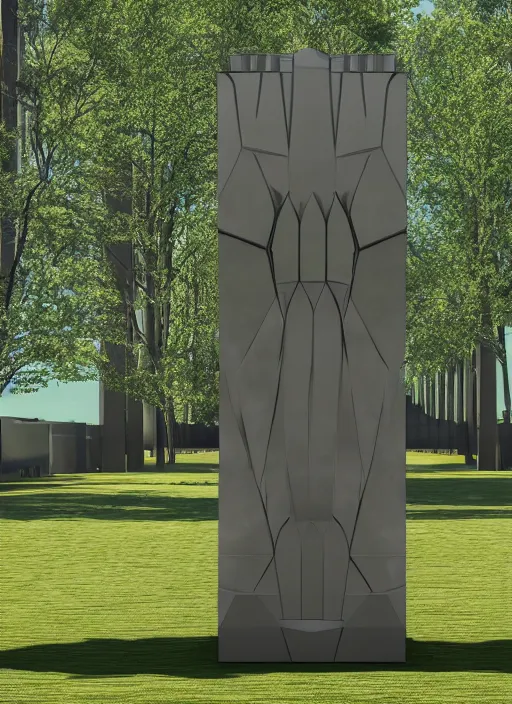 Prompt: highly detailed realistic architecture 3 d render of a futuristic mirrored stele monument in frank lloyd wright style standing in city park, archdaily, made in unreal engine 4 octane render