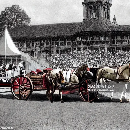 Image similar to lady catherine de bourgh from pride and prejudice drives her barouche box pulled by two horses on the formula 1 circuit of le mans. she is surrounded by cars with models like ferrari, lamborghini or porsche. cinematic, technicolor, highly intricate