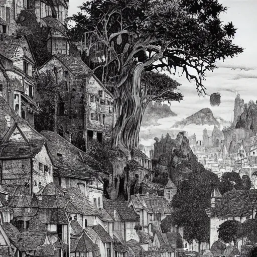 Prompt: looming towering crooked ancient town, artstation, by frank frazetta, by peter bruegel the elder, by takato yamamoto, rolling hills, river, townscape, black and white