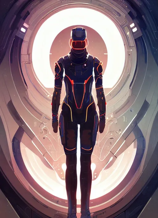 Image similar to symmetry!! portrait of space soldier, tech wear, scifi, glowing lights!! intricate elegant, highly detailed, digital painting, artstation, concept art, smooth, sharp focus, illustration, art by artgerm and greg rutkowski and alphonse mucha