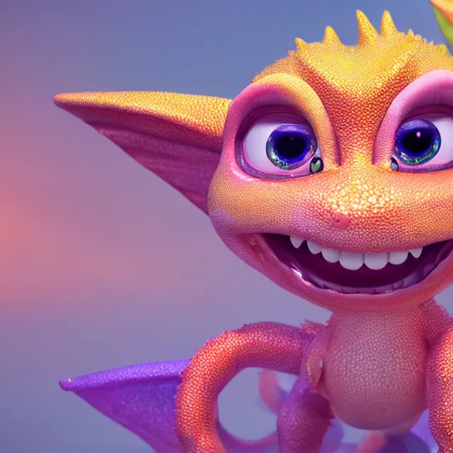 Image similar to a cute baby dragon, big eyes, pixar animation style, soft fur, by jeff koons, by lisa frank, octane render, by takashi murakami, colorful, spectral color, 5 d, ultra - hd, happy, good, mini, volumetric lighting