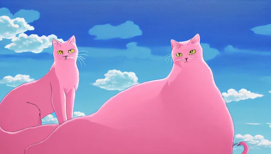 Image similar to highly detailed contemporary acrylic painting of really tall sitting cats by studio ghibli, thick brush strokes and visible paint layers, glistening clouds in background, light blue black, white and pink vivid pastel color scheme