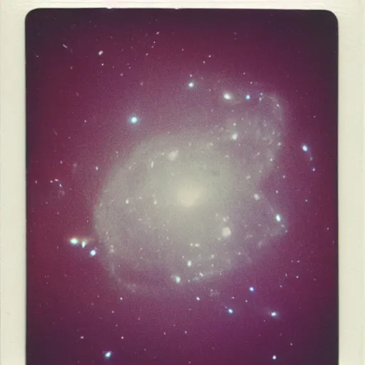 Image similar to aged polaroid photo of deep space, galaxies visible, film grain, red color bleed