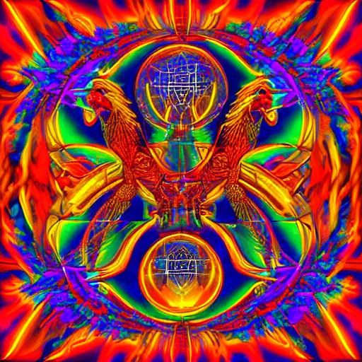 Image similar to three - headed robotic flaming hell chicken, sacred geometry, alchemy, secrets of the merkabah, psychedelic, in the style of alex grey and lisa frank