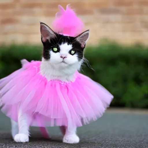 Prompt: a cat wearing a pink ballerina costume, 4 k