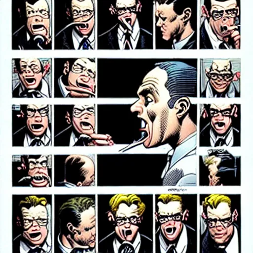 Prompt: drawing gotham city's finest investigative reporter jack ryder with 1 4 tiny jokers all in his mouth, 4 k art by brian bolland, graphic novel art