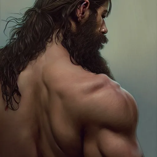 Prompt: back portrait of a rugged ranger, full body, hairy torso, medium-length hair, D&D, fantasy, intricate, elegant, highly detailed, digital painting, artstation, concept art, matte, sharp focus, illustration, art by Artgerm and Greg Rutkowski and Alphonse Mucha