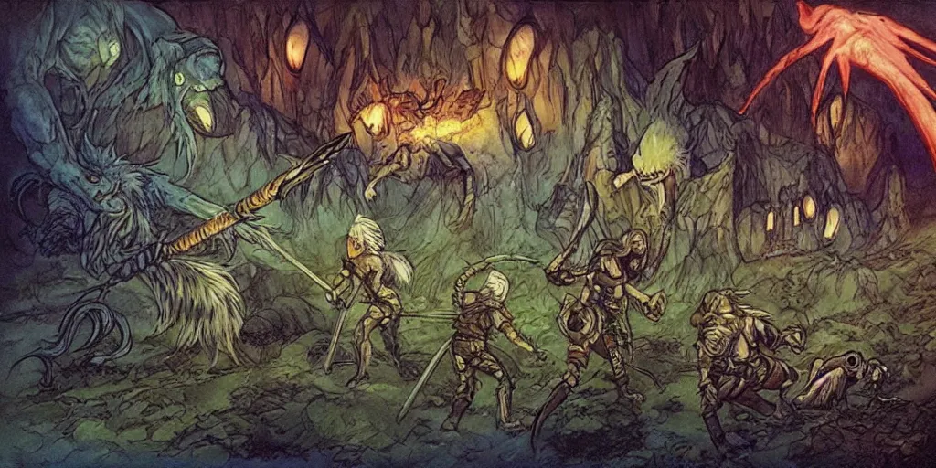 Image similar to the witcher fighting bioluminescent monsters in a ghibli cartoon, by larry elmore and brian froud,