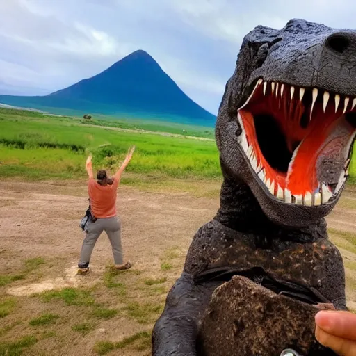 Prompt: T rex taking a selfie with asteroid in background