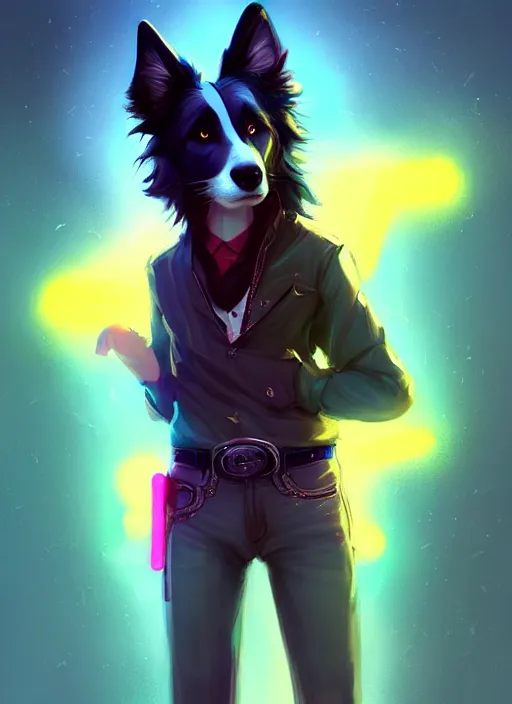 Image similar to wide angle beautiful full body portrait of a cute male anthropomorphic anthro border collie fursona wearing cowboy outfit in a neon metropolis, character design by charlie bowater, henry asencio, and ross tran, furry art, furaffinity, beautiful, glamor pose, detailed, aesthetic, trending on artstation