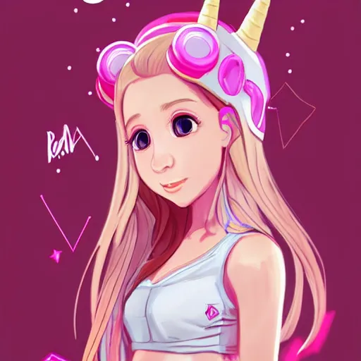 Prompt: !dream very very very beautiful pink gamer girl wearing headphones with a unicorn horn coming out of her head standing in a pink girls room, full body portrait, eye contact, smiling, perfect face, perfect body, extreme long shot, drawn by artgerm