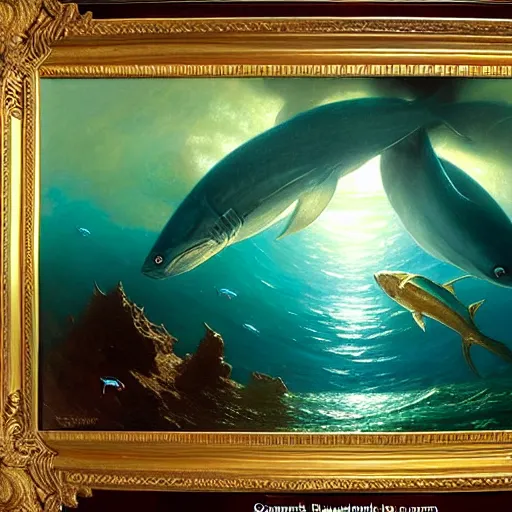 Image similar to point of view of deep in the ocean looking up, you see fishes, higher up you see the splendorous milk way illuminating the sea. highly detailed painting by gaston bussiere, greg rutkowski 8 k