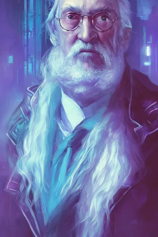 Image similar to portrait of Dumbledore in cyberpunk, neon lighting, night city, digital art from artstation by Ruan Jia and Mandy Jurgens and Artgerm and william-adolphe bouguereau and Greg Rutkowski