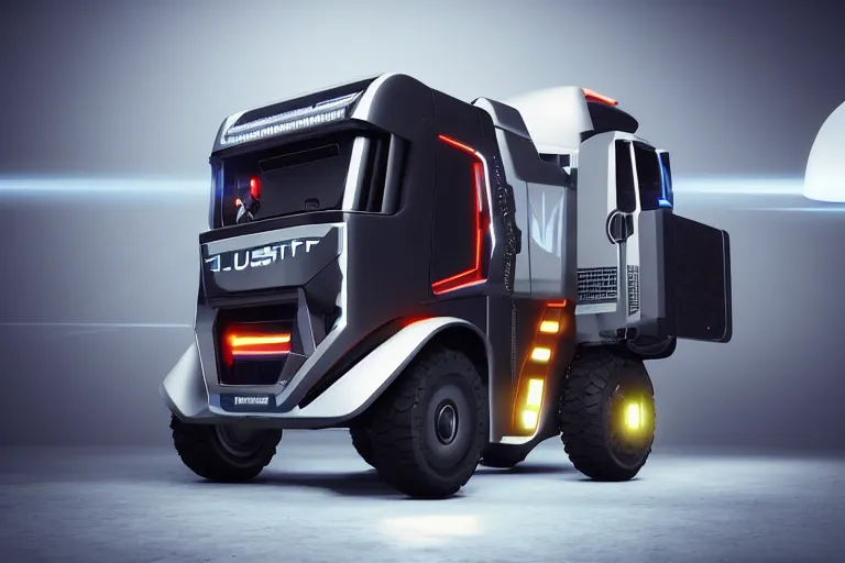 Image similar to still photo of a futuristic remote control truck, highly detailed, photorealistic portrait, bright studio setting, studio lighting, crisp quality and light reflections, unreal engine 5 quality render