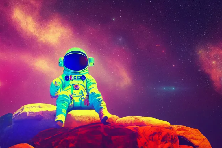 Prompt: Wide shot of a colorful astronaut sitting on a rock in space designed by Lisa Frank, lonely, glows, cinematic lighting, ambient light,