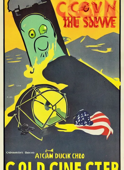 Prompt: cold war civil defense poster teaching survival secrets for atomic attacks, duck and cover with bert the turtle,