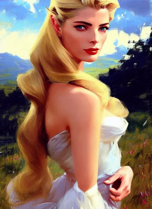 Image similar to A combination of Adriana Dxim and Grace Kelly’s and Ashley Greene's appearance with blonde hair as Zelda, countryside, calm, fantasy character portrait, dynamic pose, above view, sunny day, thunder clouds in the sky, artwork by Jeremy Lipkin and Giuseppe Dangelico Pino and Michael Garmash and Rob Rey and Greg Manchess, very coherent asymmetrical artwork, sharp edges, perfect face, simple form, 100mm