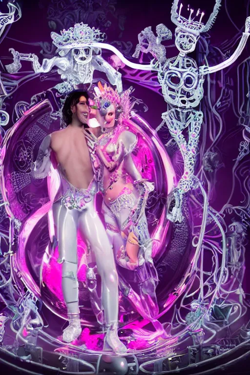 Image similar to full-body rococo and cyberpunk style neon statue of a young attractive aladdin macho dotado e rico android sim roupa reclining con las piernas abertas e la piroca dura, glowing white laser eyes, prince crown of pink gears, diamonds, swirling silver-colored silk fabric. futuristic elements. full-length view. space robots. human skulls. intricate artwork by caravaggio. Trending on artstation, octane render, cinematic lighting from the right, hyper realism, octane render, 8k, depth of field, 3D