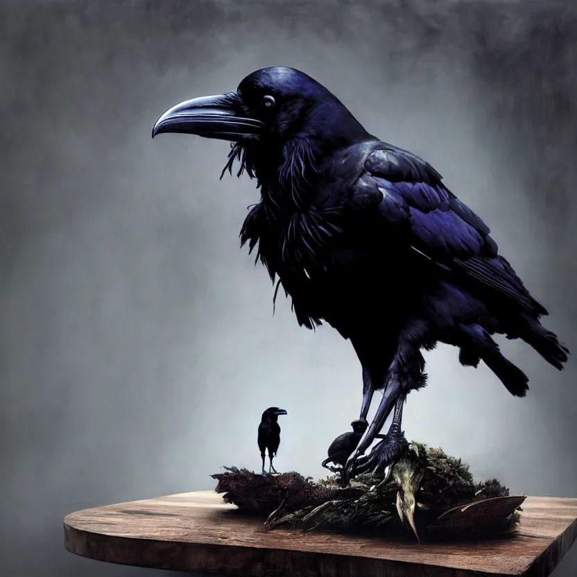 Image similar to a Raven standing on human skull on a table in a foggy forest, by Casey Baugh, Steve Caldwell, Gottfried Helnwein, and Artgerm, 8k resolution, masterpiece work.