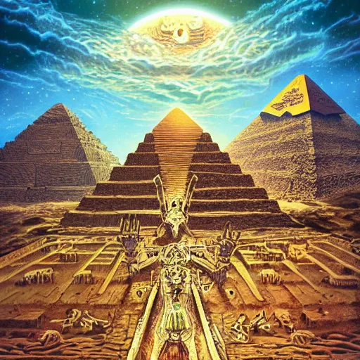 Prompt: the anunnaki gods have returned to the pyramids. a cover of a death metal LP, highly detailed, art, dark and grungy, 4k, 8k, trending on artstation, style of dan mumford and Andrew Ferez