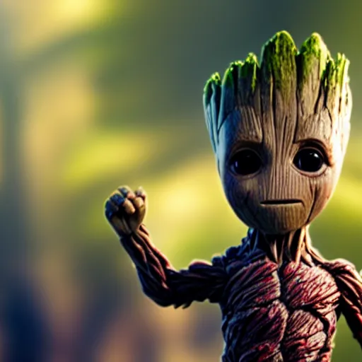 Prompt: baby groot getting bigger, meaner and transforming into hulk, big muscles, mutant, dc universe, bokeh, high quality dof