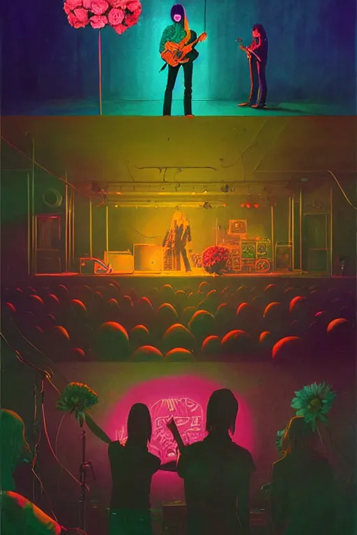 Prompt: the velvet underground and nico playing live on stage at a night club, beautiful stage decoration with flowers in the background, painting by simon stalenhag, very detailed and colorful and toned down and ornamental and moody and cool and relaxed and high on drugs, trending on artstation, behance contest winner